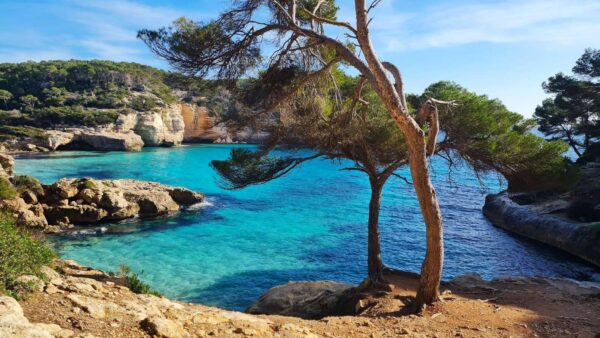 Zachwycający widok na zatokę z turkusową wodą otoczoną białymi klifami i zielonymi lasami sosnowymi na Minorce. Idealne miejsce na relaks i podziwianie śródziemnomorskiej przyrody.