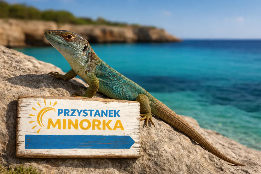 Jaszczurka przy tabliczce Przystanek Minorka nad turkusowym morzem